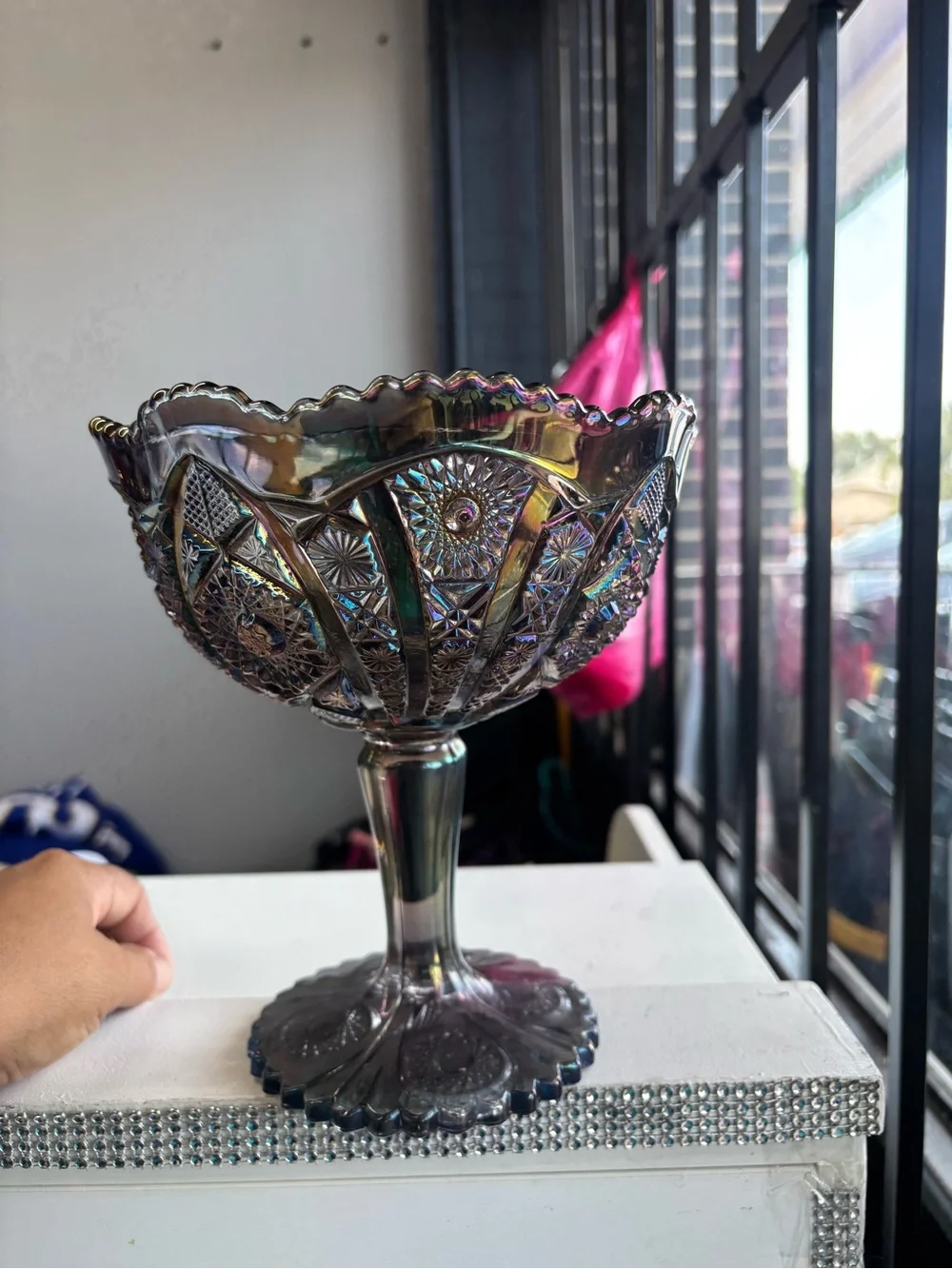 Iridescent Purple Glass Compote Pedestal Vase - Decorative Centerpiece
